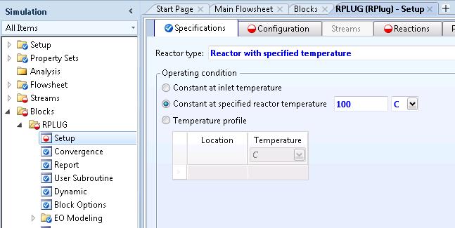 4.11. Specify reactor operating conditions. Go to Blocks RPLUG Setup.