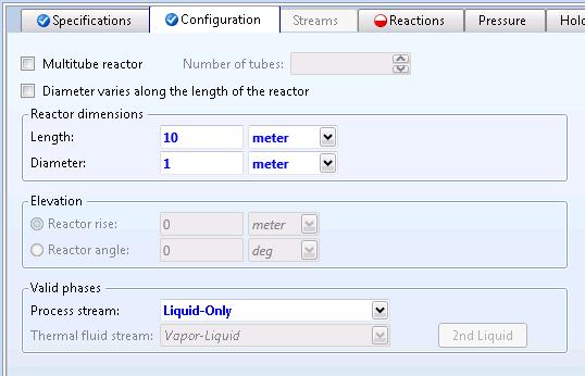 Specify the geometry of the reactor in the Configuration tab. Enter Length = 10 meters and Diameter = 1 meter.