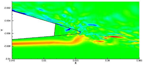 Spanwise vorticity near saw tooth (Zr), top to bottom: A0, A1, A. monitoring points near the airfoils have been chosen.