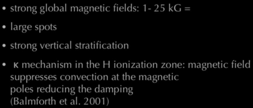 (rapidly oscillating) Ap stars strong global magnetic fields: 1-25 kg =