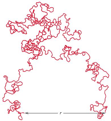 Bends, twists, and kinks. The end-to-end distance of the polymer chain r:this distance is much smaller than the total chain length.