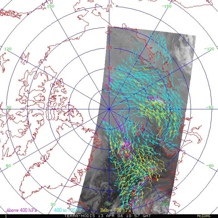 MODIS Winds: Single Satellite Aqua and Terra winds are generated separately Data from the NOAA Real-Time System (aka bent pipe ), composites of two or three 5-min granules.