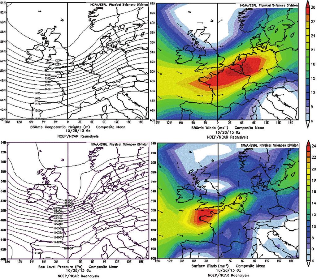 (a) Near-surface winds and wind shear at four airports Figure 2. As Figure 1, but at 0600 UTC on 28 October 2013. over The Netherlands and across northern Germany to northwestern Poland.