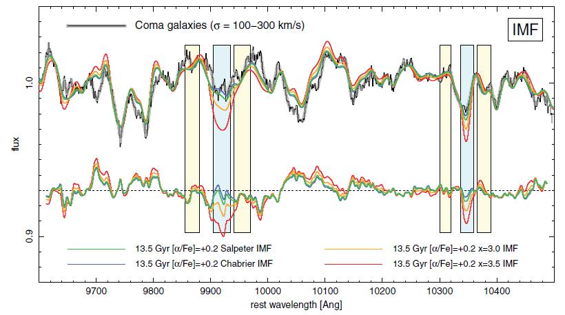 NIR Science: Constraining the Stellar IMF IMF used in stellar pop models can change M/L by 3 4x Gravity sensitive NIR lines Wing Ford band, FeH @ 9915 Å Na I doublet 8190 Å Ca I @ 10,345 Å IMF