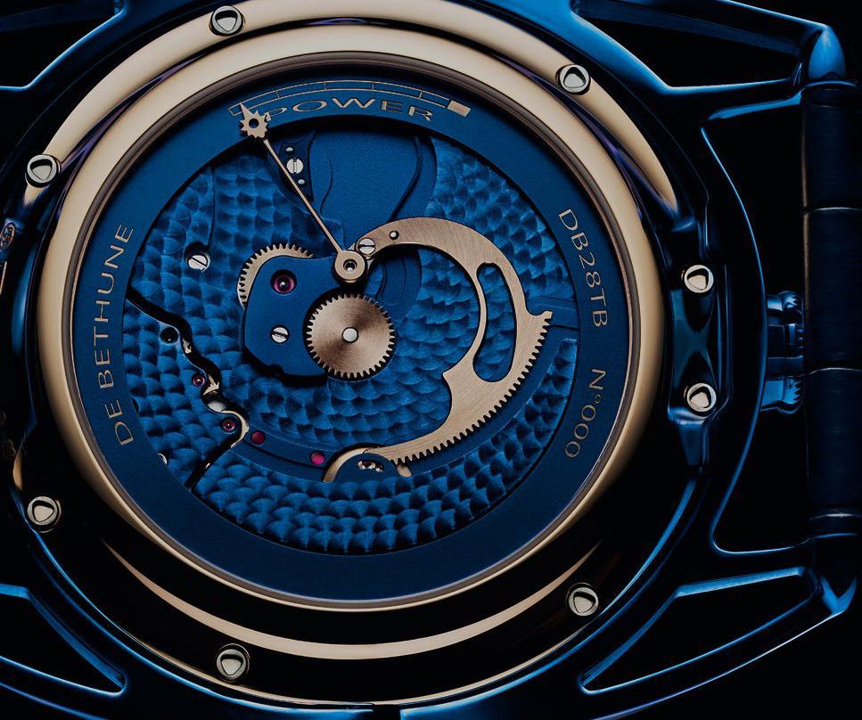 77 Limited annual production of 5 DB28 Tourbillon Kind of Blue DB2019 calibre Mechanical hand-wound movement Hours, minutes Power reserve indication 5-day power reserve Ultra-light De Bethune 30