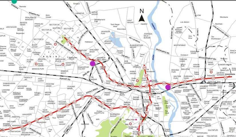 Part map of Delhi showing Case Study Area of Metro Rail line and