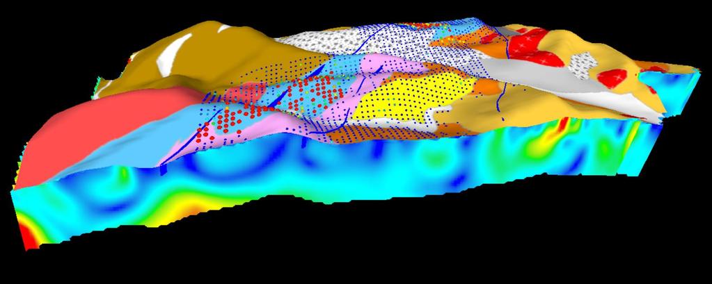 395100E Magnetic model results Section 395100E LOOKING WEST Higher magnetics with some of the intrusives Low magnetic response associated with the sediments.