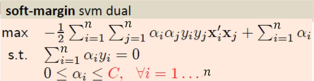 Soft-Margin SVM: Dual Problem the regularization constant is set by the user; this parameter trades off between the regularization term (bias) and the loss term (variance) the dual solution