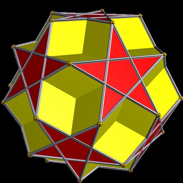The dodecadodecahedron is a semi-regular polyhedron that has 24 faces of which 12 are pentagrams and 12 are pentagons, and it has 30 vertices and 60 edges.