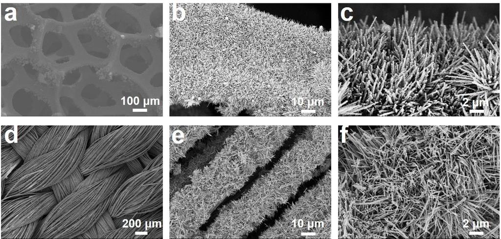 Fig. S3 The synthesized NiS 2 -MoS 2 hetero-nanowires on different substrates: (a-c) nickel foam, (d-f) carbon cloth. Fig.