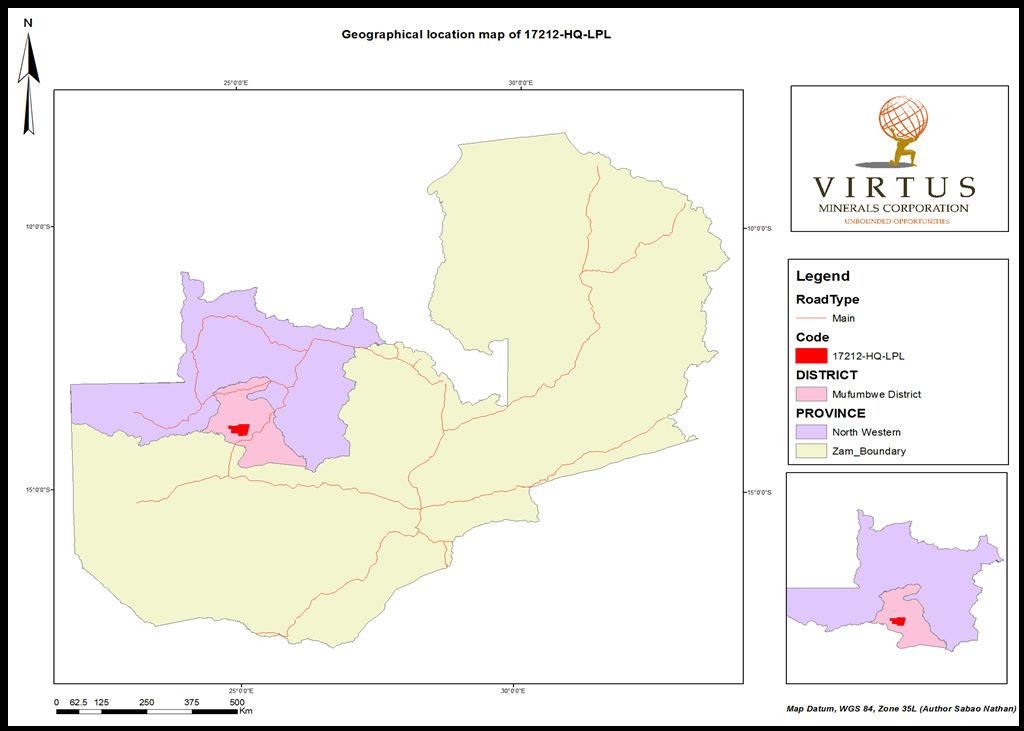 2.0 LOCATION The Dongwe coppergold project in the Mufumbwe District of North Western province of Zambia and is registered under the licence code number 17212HQLPL and covers an area of 557 square
