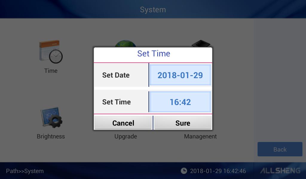 6. System Click System on the main interface, as Fig 4.13: 6.1. Time setting Fig 4.13 System setting Click Time to start setting, as Fig 4.14. Fig 4.14 Time setting interface 1Click to enter the interface as Fig 4.