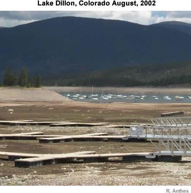A very empty Lake Dillon prior to being rapidly filled after snow melted from the 2003 blizzard.