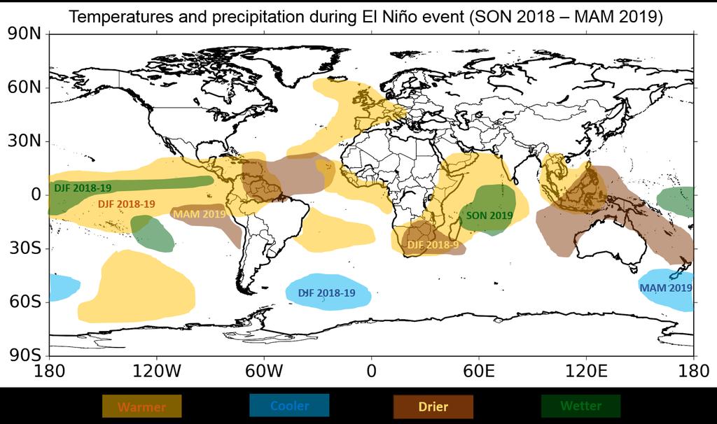 Figure 3.2: Regions where seasonal extremes of temperatures and rainfall are likely during a 2018-19 El Niño event, based on analysis of six historical similar El Niño events.