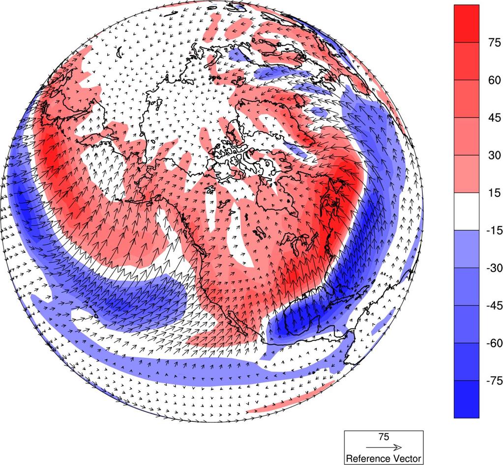 Vertically integrated eddy atmospheric moisture flux (vectors, in kg (ms)-1) and AMC (shaded and contours, in mm month-1) for January for the period 1949-2014 On the Earth's surface at 60 North