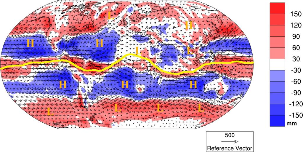 Vertically integrated atmospheric moisture flux (vectors, in kg (ms)-1) and AMC (shaded and contours, in mm month-1) for April for the period 1949-2014 Water and