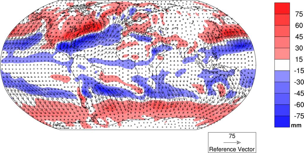 Vertically integrated eddy atmospheric moisture flux (vectors, in kg (ms)-1) and AMC (shaded and contours, in mm month-1) for January for the period 1949-2014 mm Transient eddy fluxes can be defined
