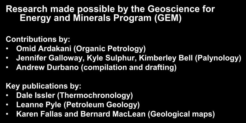 Introduction Research made possible by the Geoscience for Energy and Minerals Program (GEM) Contributions by: Omid Ardakani (Organic Petrology) Jennifer Galloway, Kyle Sulphur, Kimberley