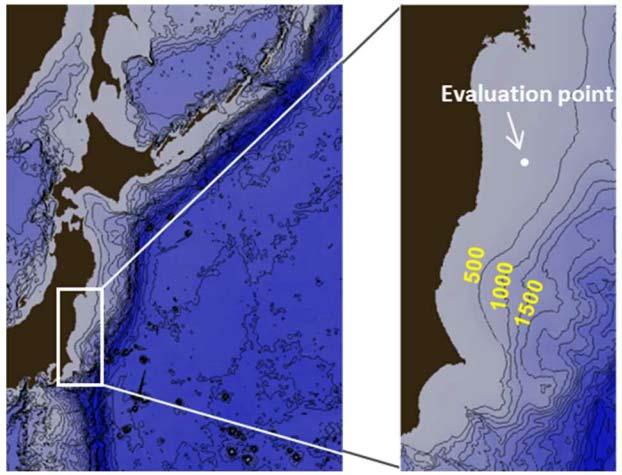 Calculation Method In order to remove effects of coastal structures, evaluation base point is set at a point on a depth contour of 150m off the east