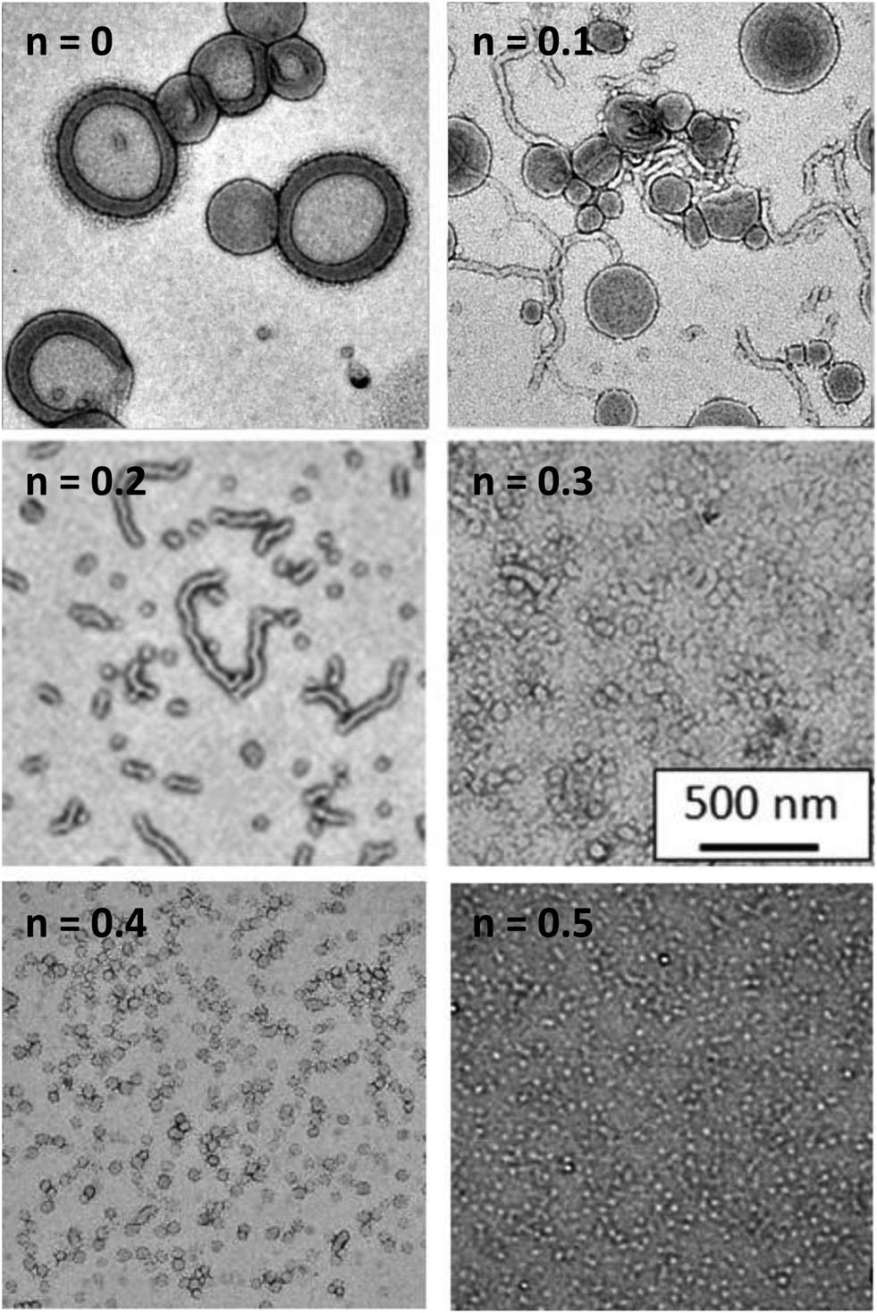 Fig. 4 Representative transmission electron microscopy images obtained for selected diblock copolymer nanoparticles of general formula ([1 n] PGMA 62 +[n] PQDMA 95 ) PHPMA 250 prepared by RAFT