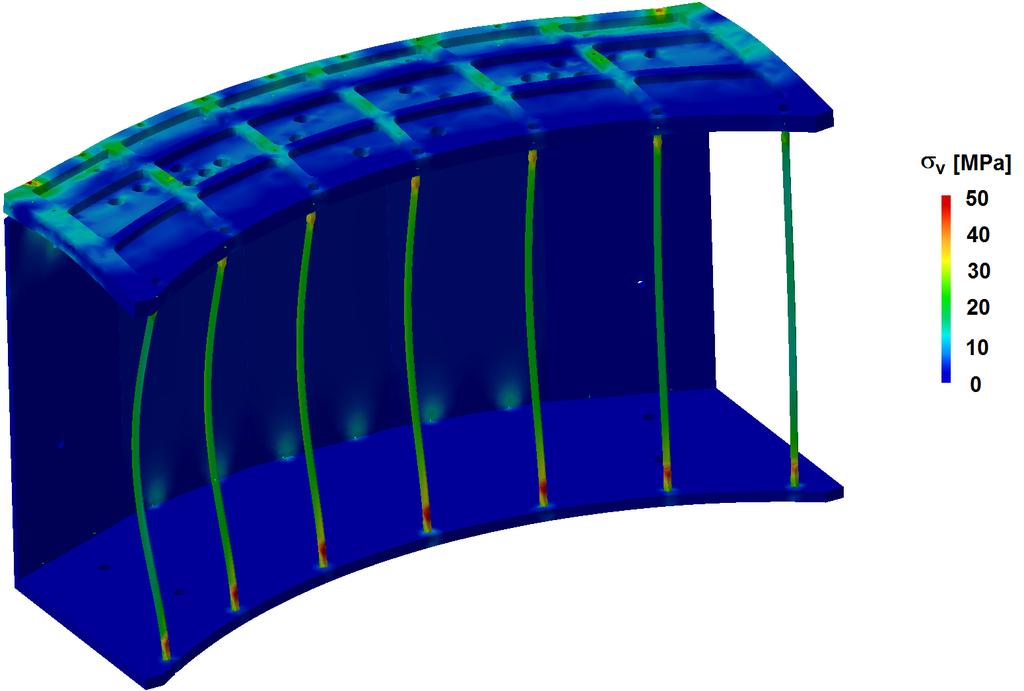 Figure 10: von Mises stresses for the analysis without the lateral walls (deformations are scaled up 100 times).