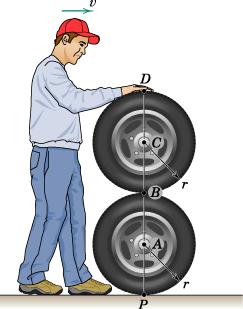 If the disc rolls without slipping on the horizontal surface, determine the velocity of A and the acceleration of B for the instant represented.