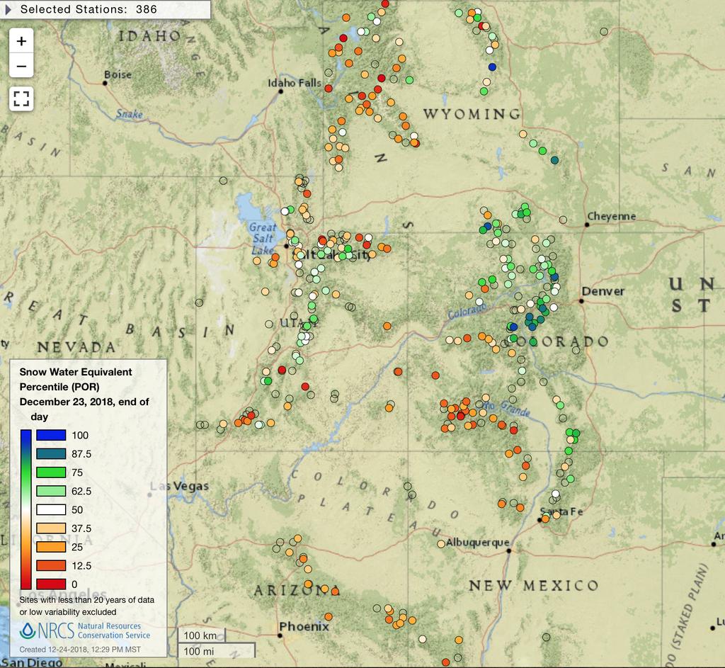 1/2/2019 NIDIS Drought and Water Assessment The above image shows SNOTEL snowpack percentiles for each SNOTEL site in the Intermountain West.