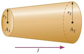 2. The figure below represents a section of a circular conductor of nonuniform diameter carrying a current of I = 4.10 A. The radius of cross-section A 1 is r 1 = 0.450 cm.