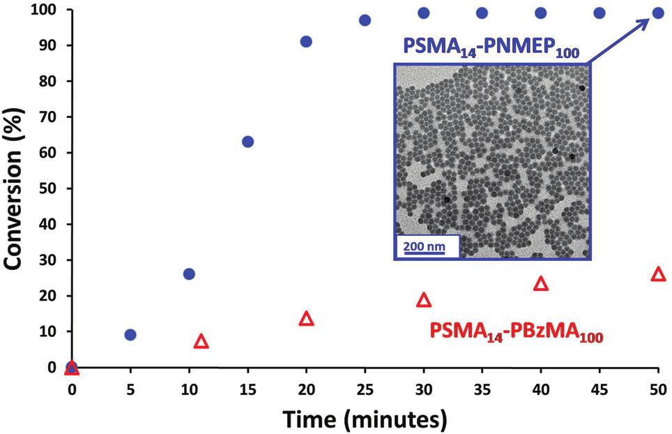 Fig. 1 Kinetics of the polymerisation of NMEP and BzMA at 90 C when targeting PSMA 14 PNMEP 100 (blue circles) and PSMA 14 PBzMA 100 (red triangles) at 20% w/w solids.