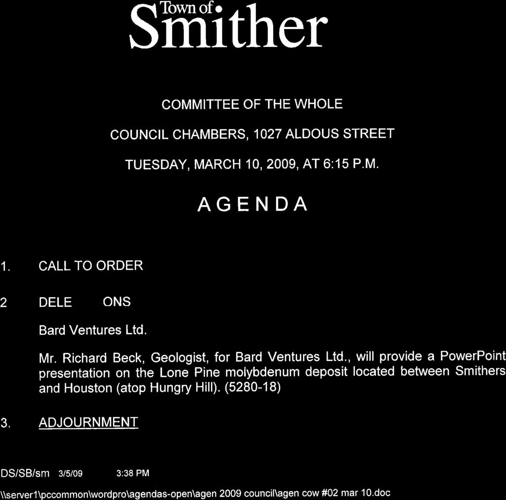 Sm1ther Twn COMMTTEE OF THE WHOLE COUNCL CHAMBERS, 1027 ALDOUS STREET TUESDAY, MARCH 10, 2009, AT 6:15 P.M. AGENDA 1. CALL TO ORDER 2 DELE ONS Bard Ventures Ltd. Mr.