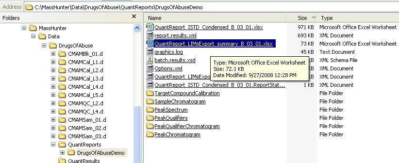 Quantitation DataSet Overview Results 2: Reporting results stored in QuantReports directory under the BatchName. Note the Excel 2007 workbook as QuantReport_LIMsExport_summary_B_03_01.
