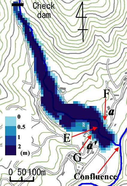 Monitoring, Simulation, Prevention and Remediation of Dense and Debris Flows 35 Figure 8: Flow depth calculated at t = 9 sec.