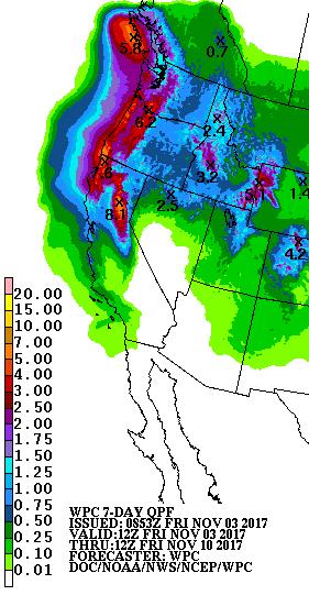 NOAA Weather Prediction Center Weather Prediction Center QPF The elevated moisture transport over central and southern CA over the next five days could produce up to 5 inches of precipitation over