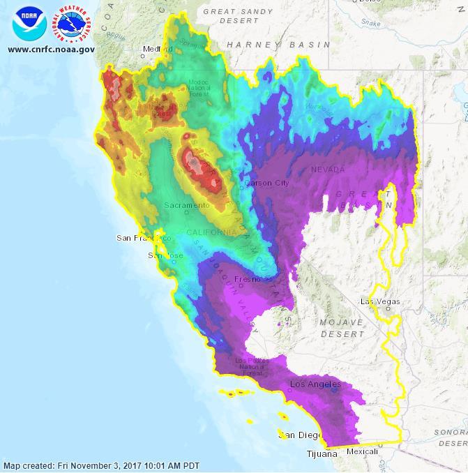 AR Outlook: 31 October 2017 CNRFC 6-Day QPF CNRFC quantitative precipitation forecast is predicting up to 6 inches of precipitation over the Sierra Nevada over the