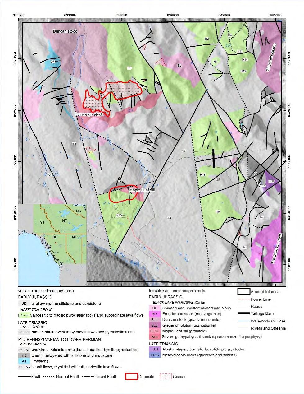 Project and deposit setting Deposit Geology The Toodoggone District is comprised of 4 Groups: Early Permian Asitka marine sedimentary and volcanic rocks Mid Triassic Takla basalt Late Triassic to