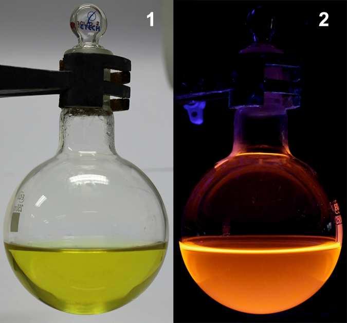 Digital photos of the as-synthesized Au(0)@Au(I)-thiolate NCs in a 250-mL round-bottom flask under visible (item 1) and UV (item 2) light.