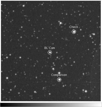 Variability Study of BL Cam 239 Fig. 1 A CCD image (7 7 )ofblcam(α =03 h 47 m 19 s, δ =63 22 48, 2000.0) taken with the 50 cm telescope of the Xinglong Station. North is up and East is to the left.