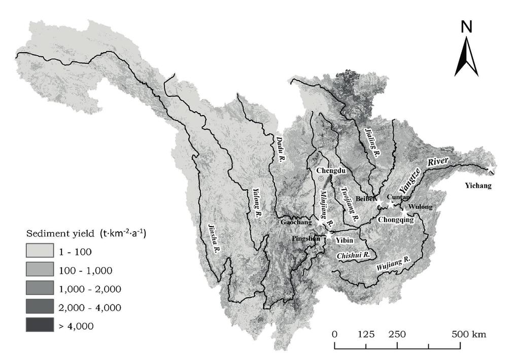 298 X. B. Zhang et al. Fig. 1 A sketch map of the Upper Yangtze River Basin with specific sediment yields and the locations of key hydrometric stations.