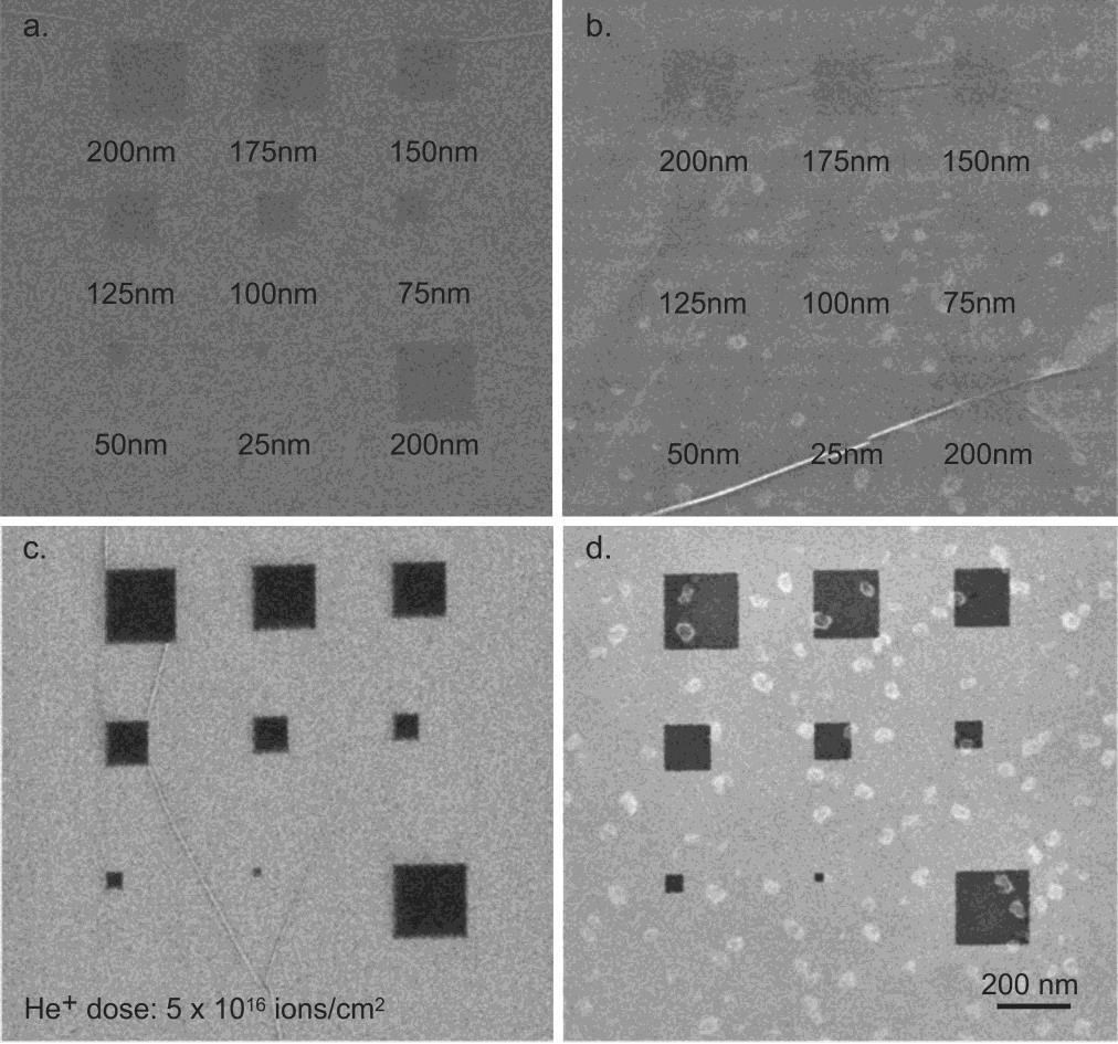 4.3.3 Etching Resolution Figure 4-13 HIM images of box arrays patterned with different sizes on supported and suspended few layer graphene flakes.