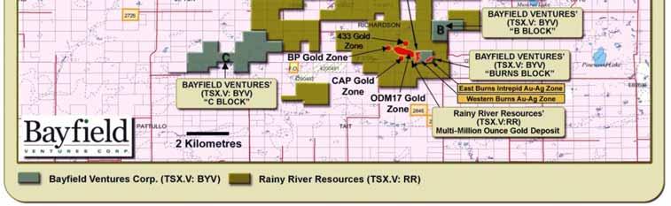west and east of Rainy River Resources (TSX-V: RR)