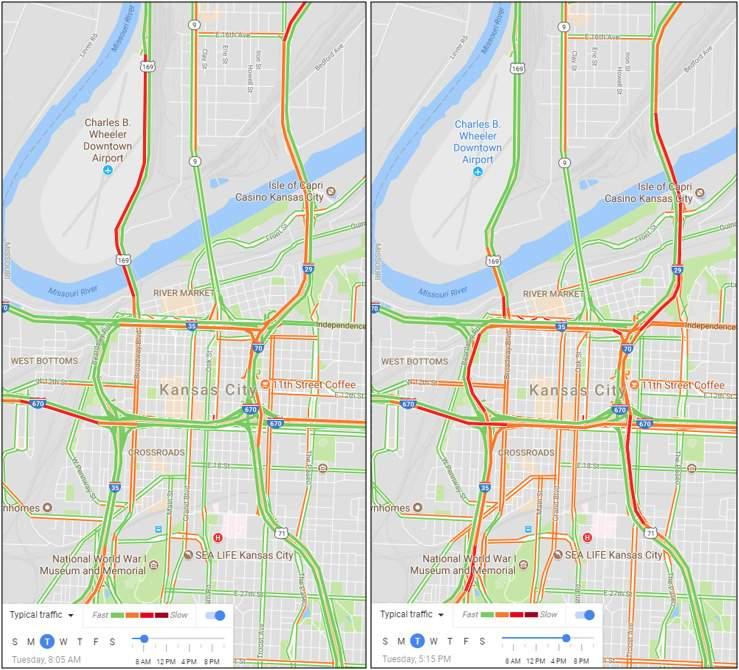 Figure 2.2: Typical Tuesday GoogleMaps Peak Hour Travel Speeds (A.M.-Left, P.M.-Right) Average travel speeds throughout the Downtown freeway system are collected regularly by KC Scout.