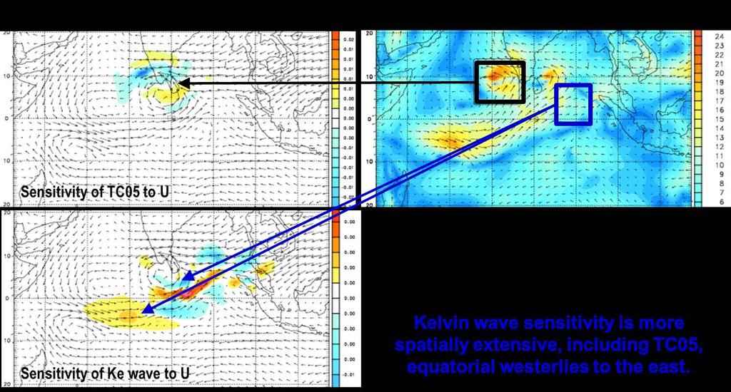 Figure 5: 850-hPa zonal wind sensitivity of the low-level kinetic energy associated with the 24-h COAMPS forecast of TC05 (upper left) and the Kelvin wave (lower left) from 12Z 25 NOV 2011.