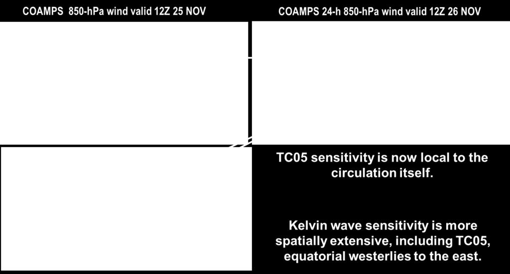 Black and blue boxes in the upper right panels show the response function regions associated with TC05 and the Kelvin wave respectively.