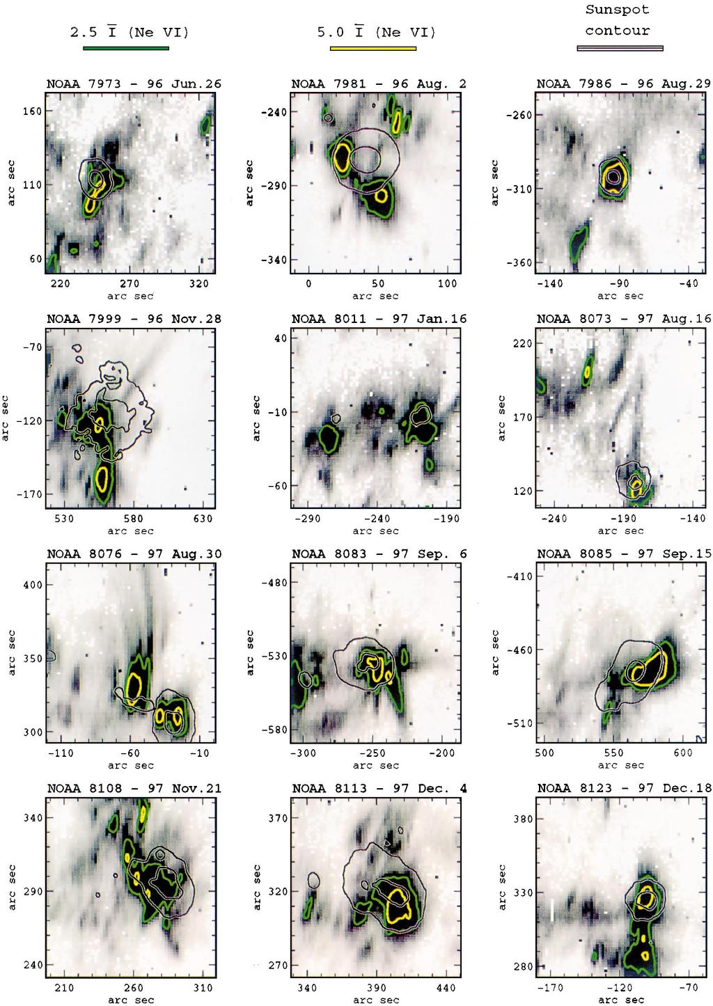 L86 BRYNILDSEN ET AL. Vol. 502 Fig. 1. Observed spatial distribution of Ne vi l562 peak line intensity in 12 sunspot regions. Enhanced intensities are shown as dark regions.