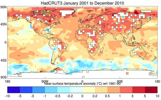 2001-2010 CLIMATE - KEY FINDING For global land-surface temperatures as well as for ocean-surface temperatures the decade is currently estimated as the warmest on record The rate of temperature