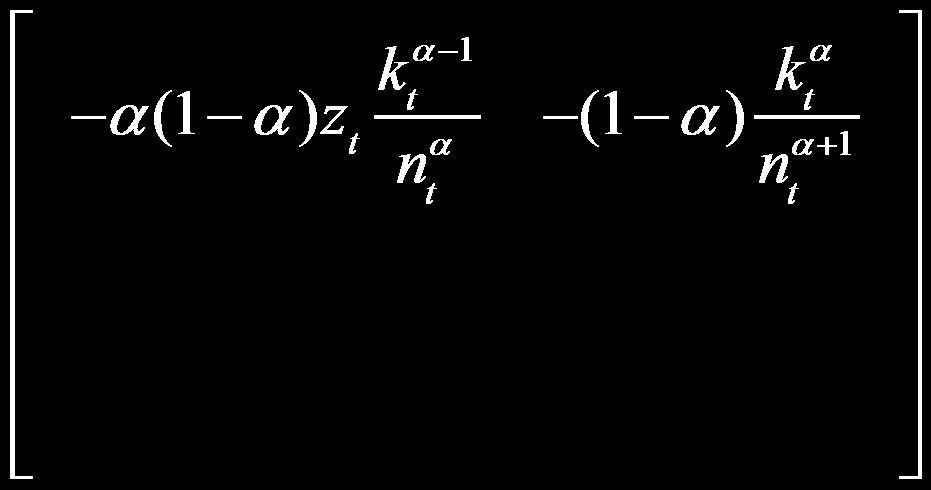 (Parial) Example LINEARIZING THE RBC MODEL uc (, ) = l c ψ l Assume ad cosumpio-leisure efficiecy codiio is c k Le f ( y+, y, x+, x) = ( α) zk = 0 (ad recall y = ) x = z mk (, ) =