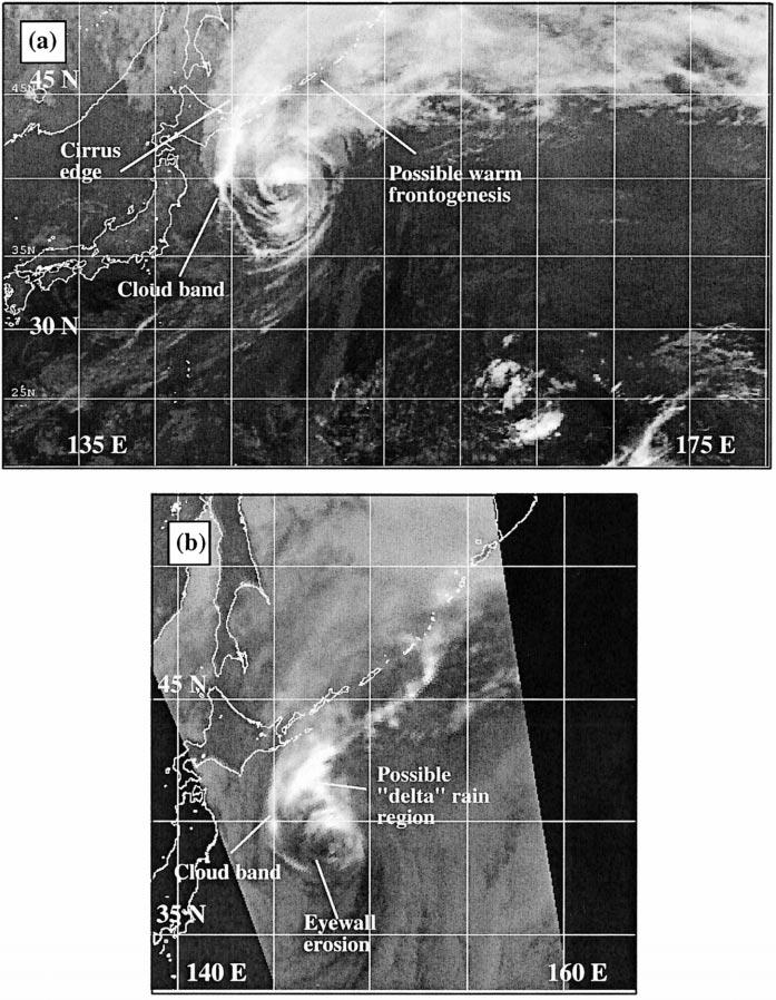 AUGUST 2000 KLEIN ET AL. 387 FIG. 13. Step 3 of transformation of TY David depicted in (a) IR image at 1232 UTC 19 Sep and (b) 85-GHz SSM/I image at 1120 UTC 19 Sep 1997.
