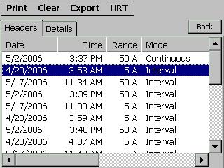 Analyzing the HRT results. Select the Data-set in Result Screen Press Detail -Tab to see all stored results. Select in the menu HRT / Analyze The graph of the measured values is shown.