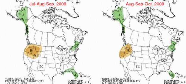 Figure 5 shows Precipitation forecast guidance from the CPC, for July to September and August to October. See Table 1 for representative NOPS summer normals.