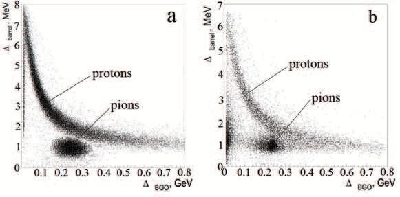 Figure 4: Dimensional distributions for nucleons and pions measured in the forward detector (top) and BGO calorimeter (bottom). Simulated (a) and detected (b) events are shown for both cases.